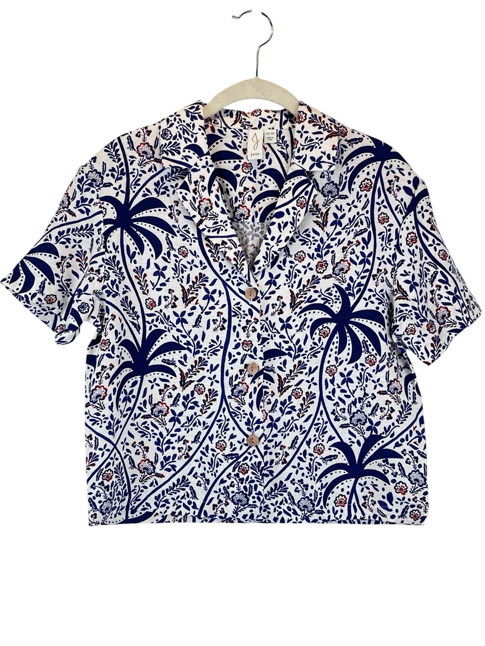 NWOT J Joie Linen Blend Short Sleeve Button Down Camp Shirt Floral Palm Print XS